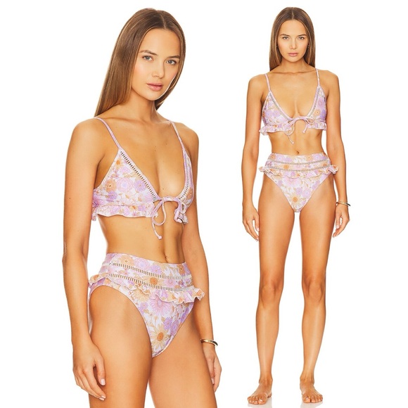 Tularosa Other - Tularosa Iyanna High Waist Bottom & Clarice Top Bikini Set in Lilac Retro Floral
